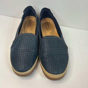 Clarks Coastal Grandmother Navy Perforated Leather Loafers 9.5 Comfort Nautical